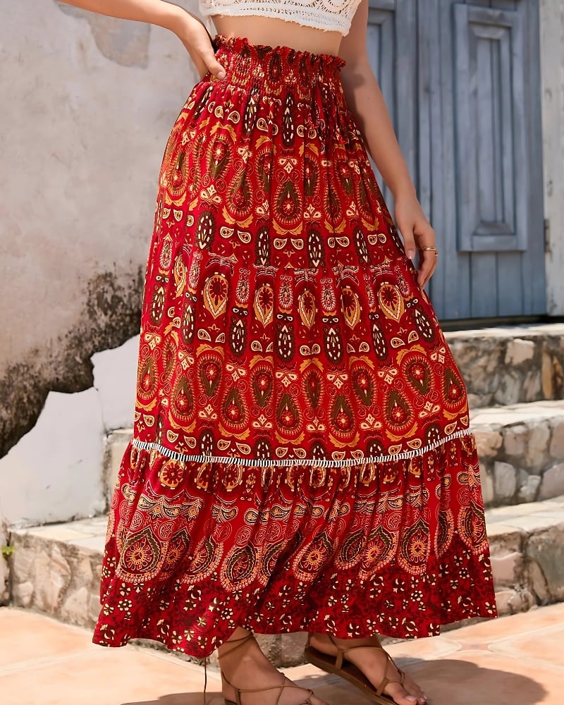 Red Boho Maxi Skirt