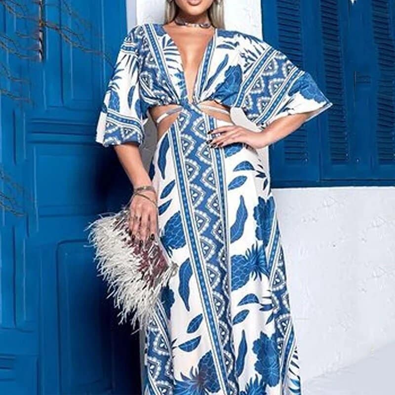 Blue and White Boho Maxi Dress