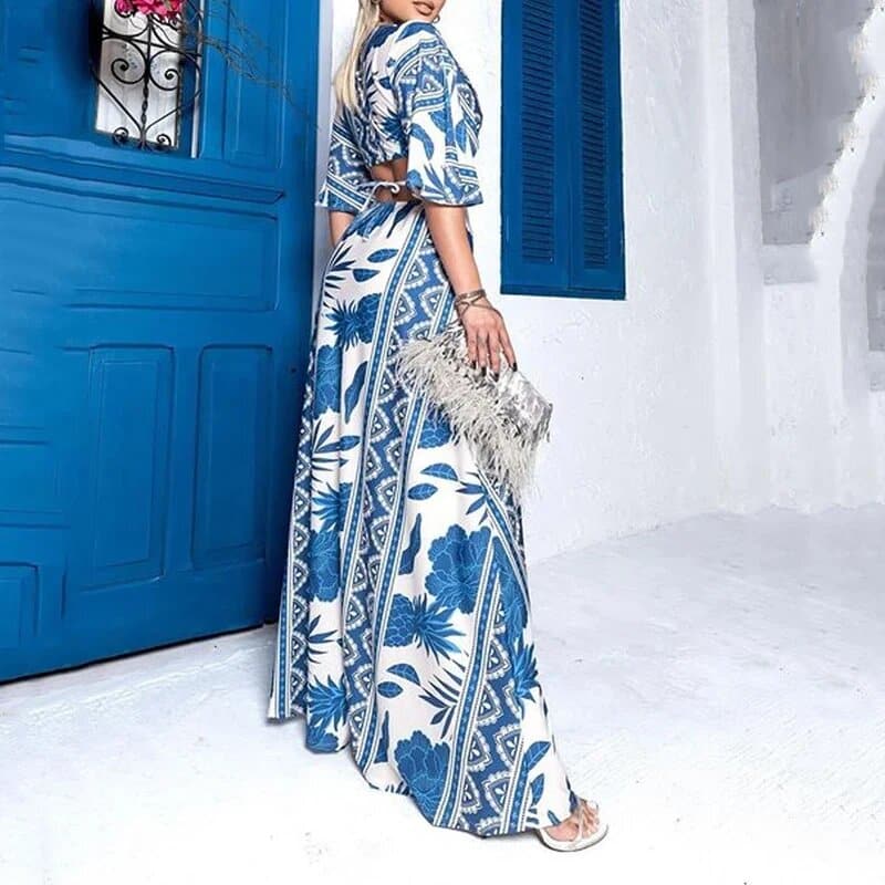 Blue and White Boho Maxi Dress