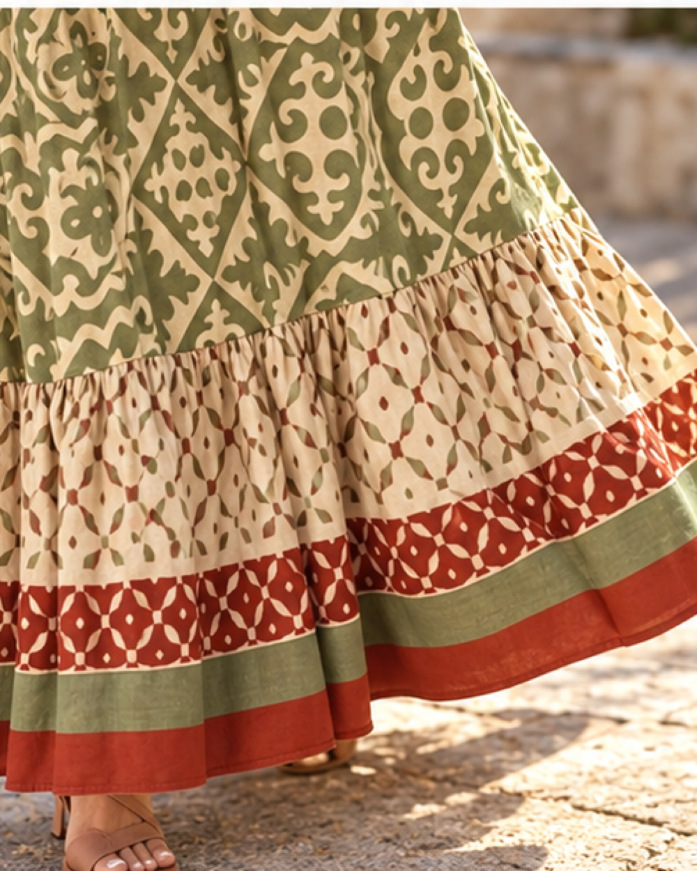 Beige Boho Skirt, close-up of fabric and garment details