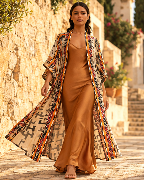 Beige Kimono - One Size variant, bohemian movement view in golden-hour light