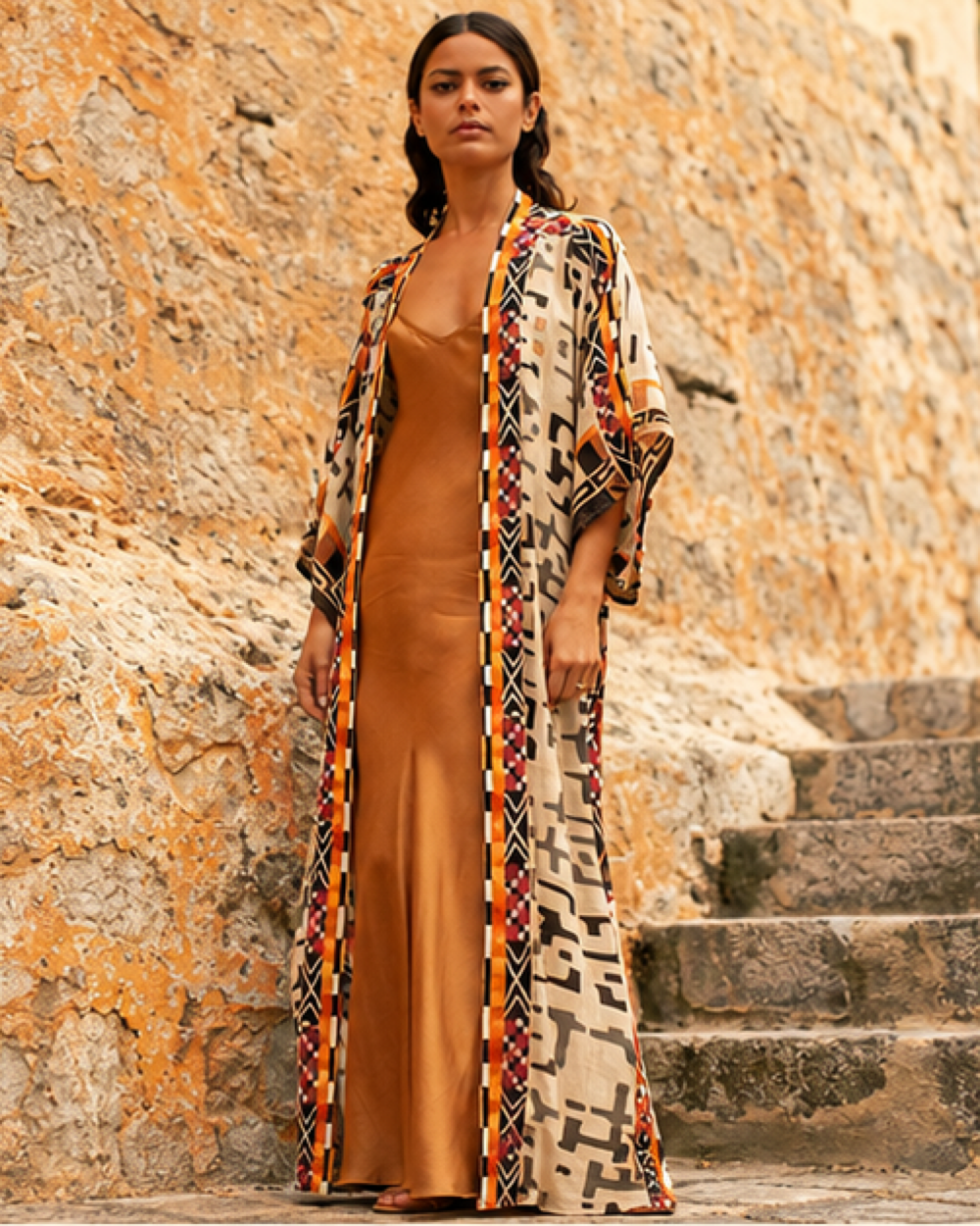 Beige Kimono - One Size variant, styled in a warm Mediterranean setting