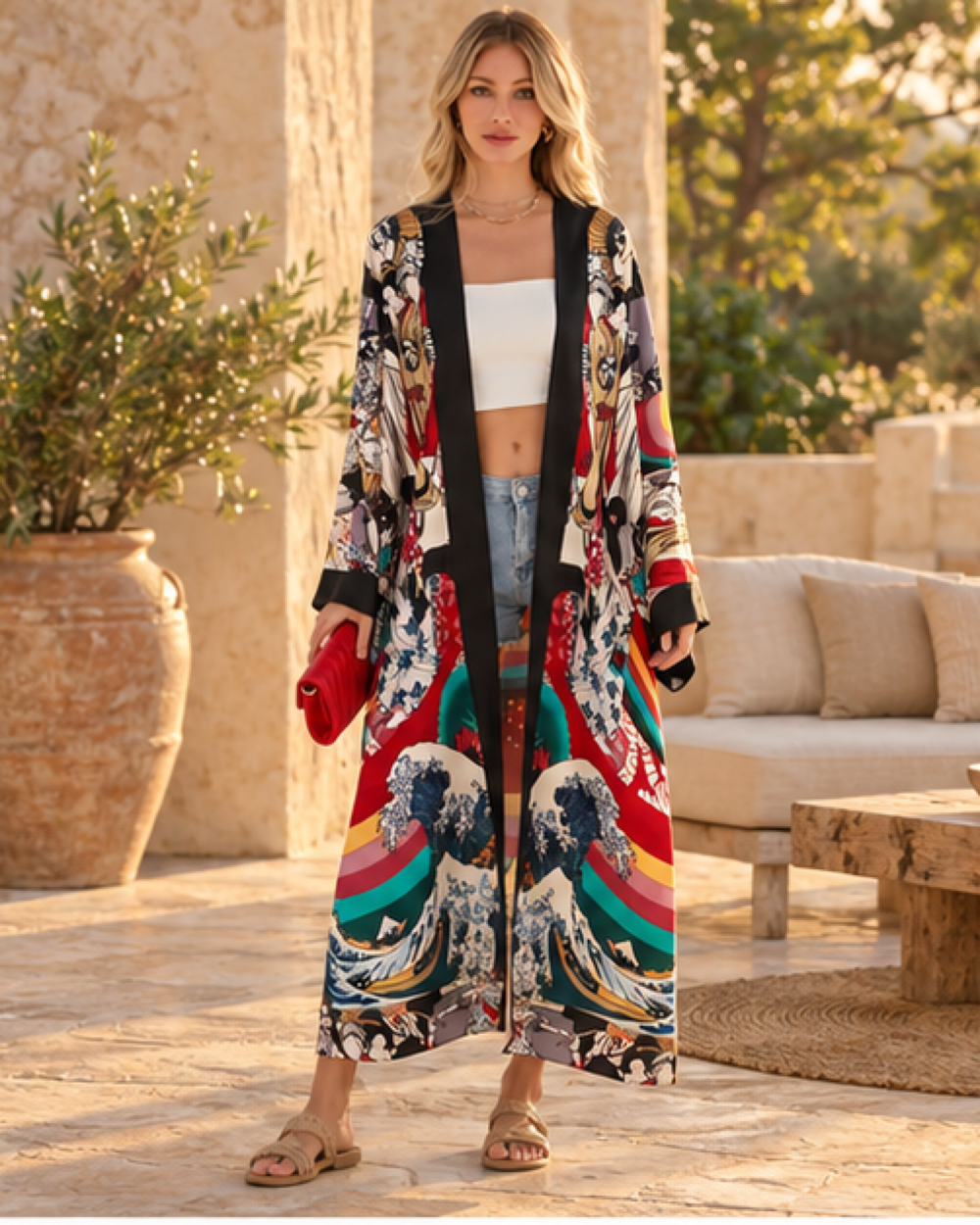 Bell Sleeve Kimono - One Size variant, styled in a warm Mediterranean setting