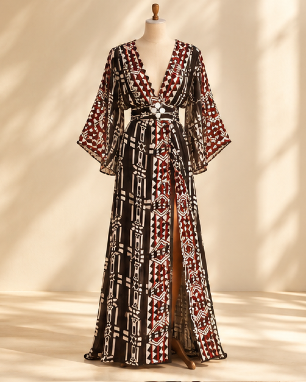 Bell Sleeve Maxi Dress Black, bohemian movement view in golden-hour light