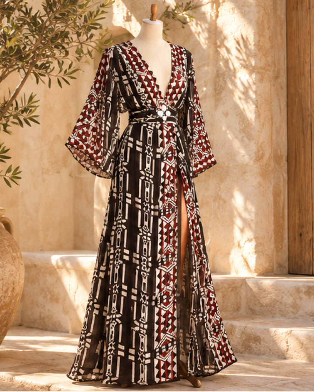 Bell Sleeve Maxi Dress Black, styled in a warm Mediterranean setting
