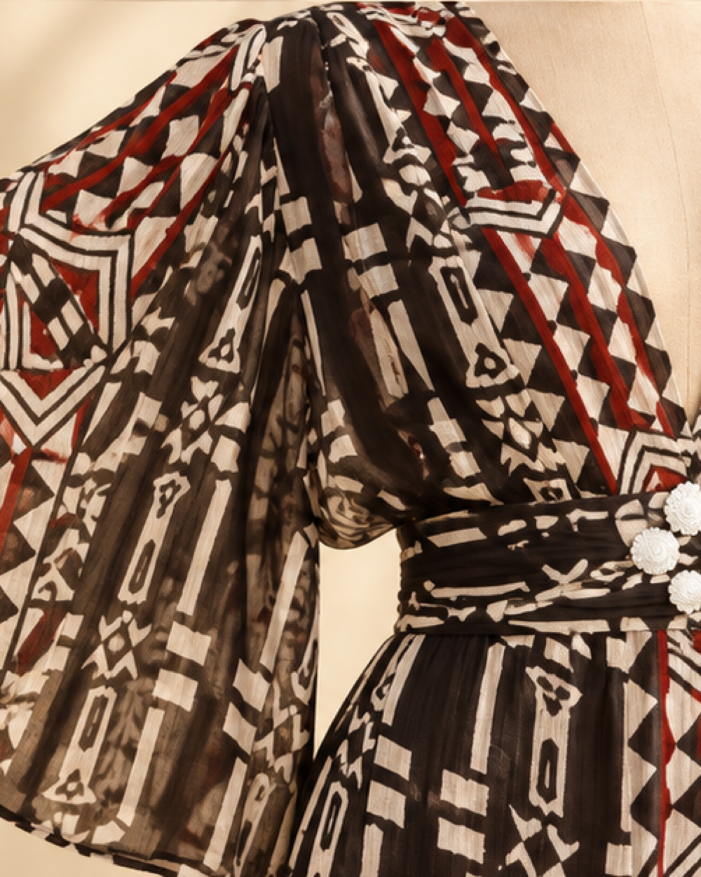 Bell Sleeve Maxi Dress Black, close-up of fabric and garment details