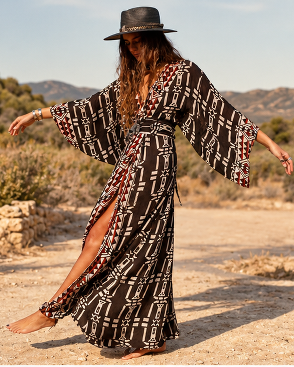 Bell Sleeve Maxi Dress Black - One Size variant, bohemian movement view in golden-hour light