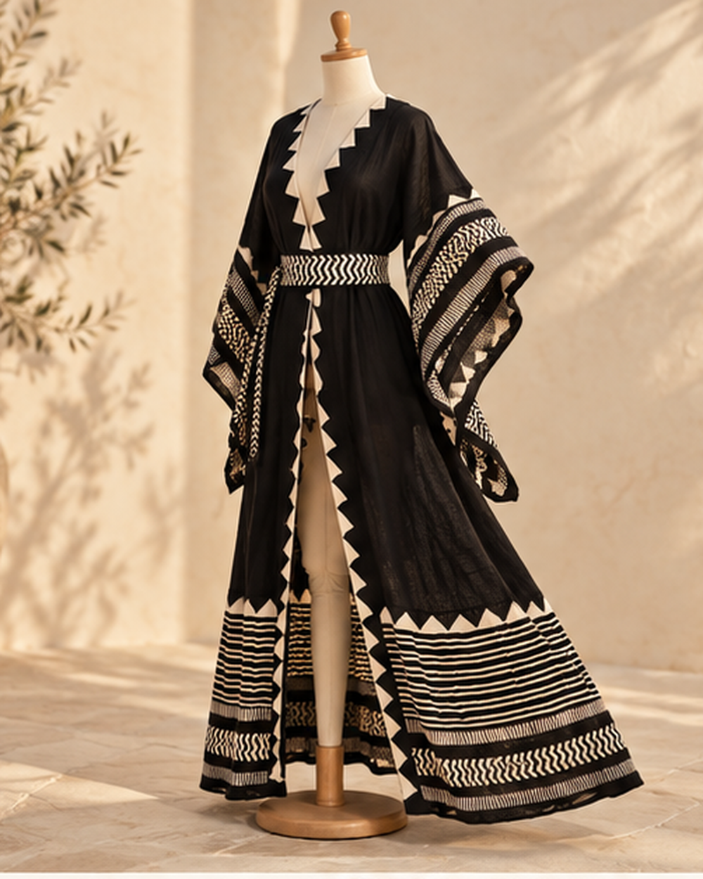 Black and White Dress Flowy - One Size variant, bohemian movement view in golden-hour light