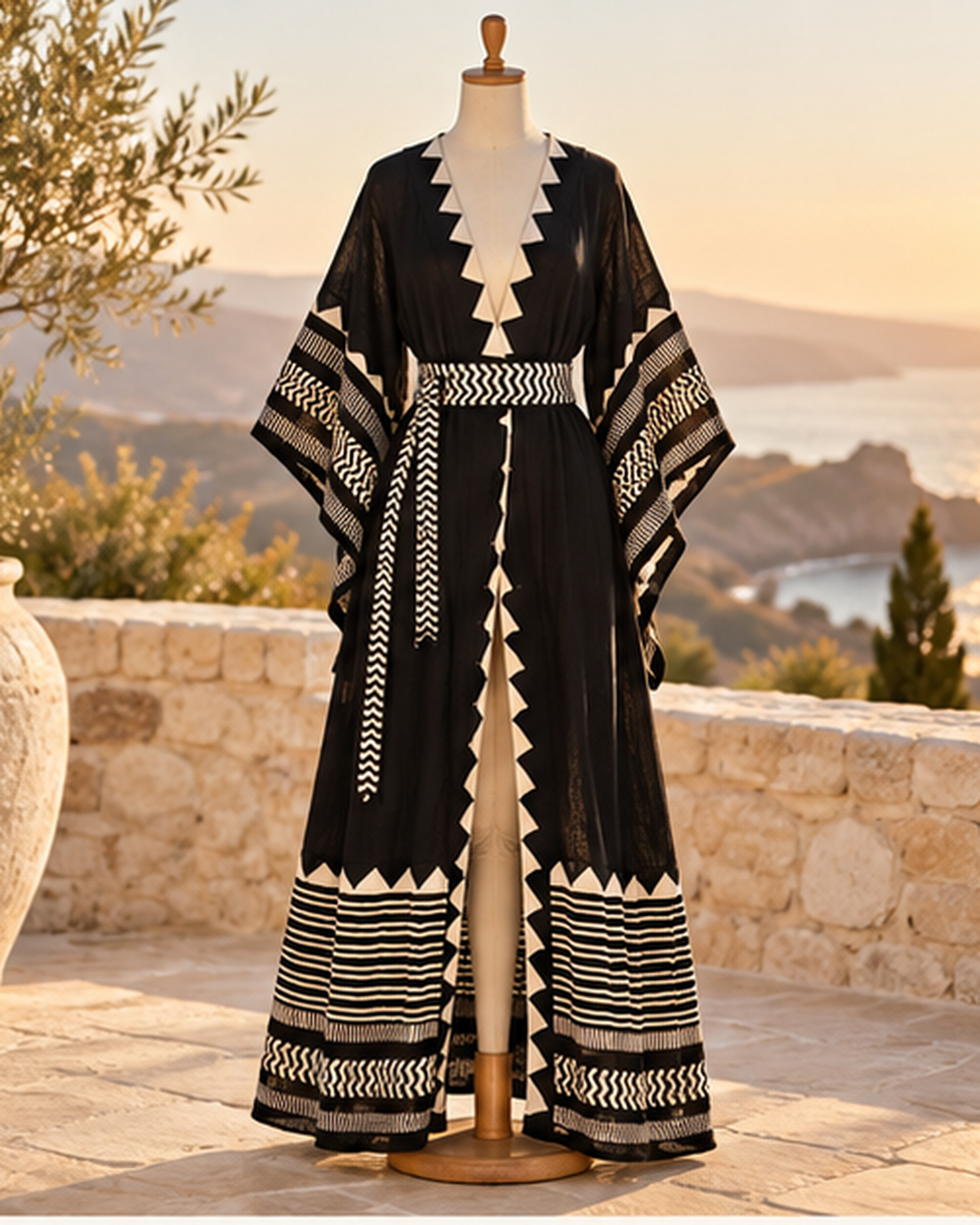 Black and White Dress Flowy - One Size variant, styled in a warm Mediterranean setting