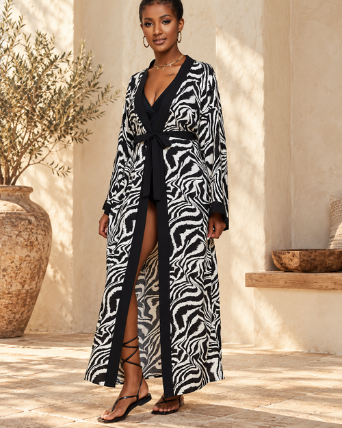 Black Beach Cover up Kimono - One Size variant, full-length hero view
