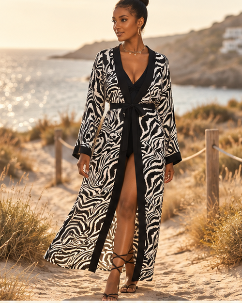 Black Beach Cover up Kimono - One Size variant, bohemian movement view in golden-hour light