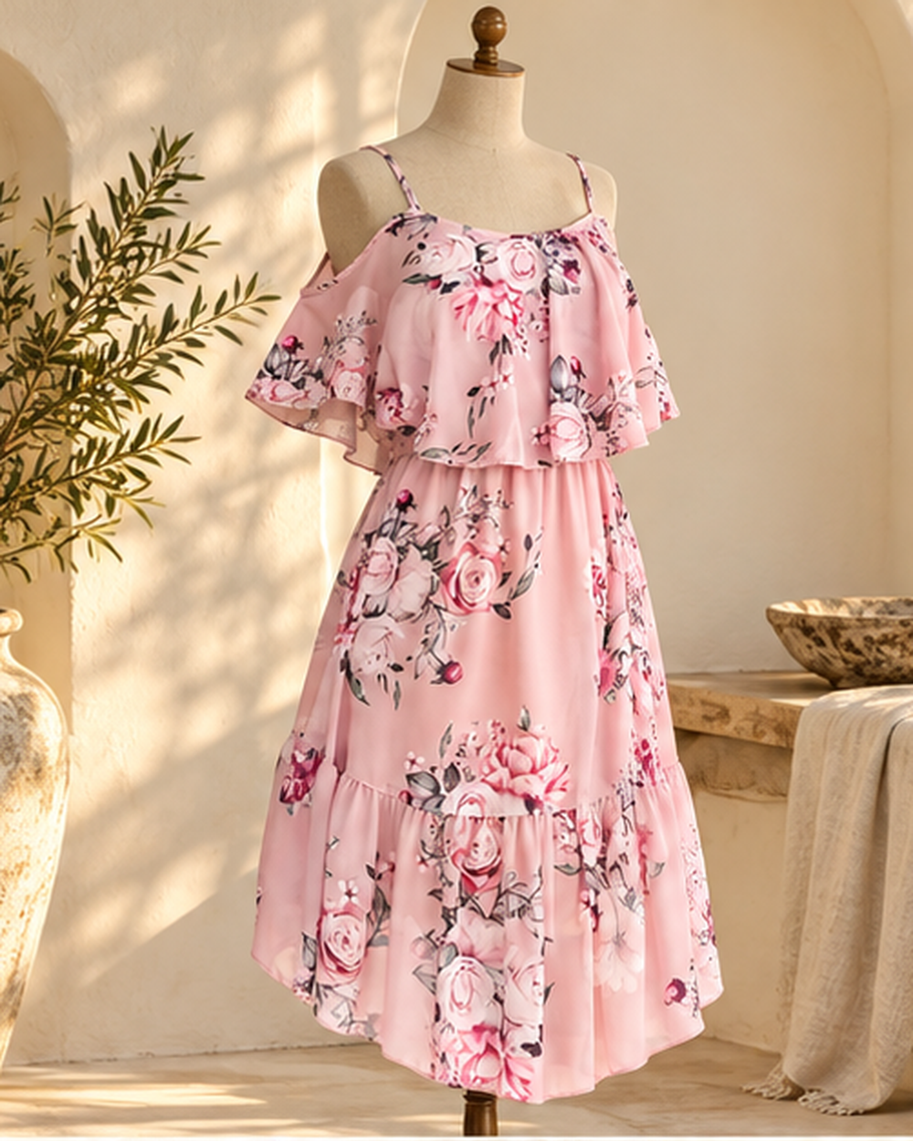 Black Bohemian Wedding Dress - Pink variant, bohemian movement view in golden-hour light