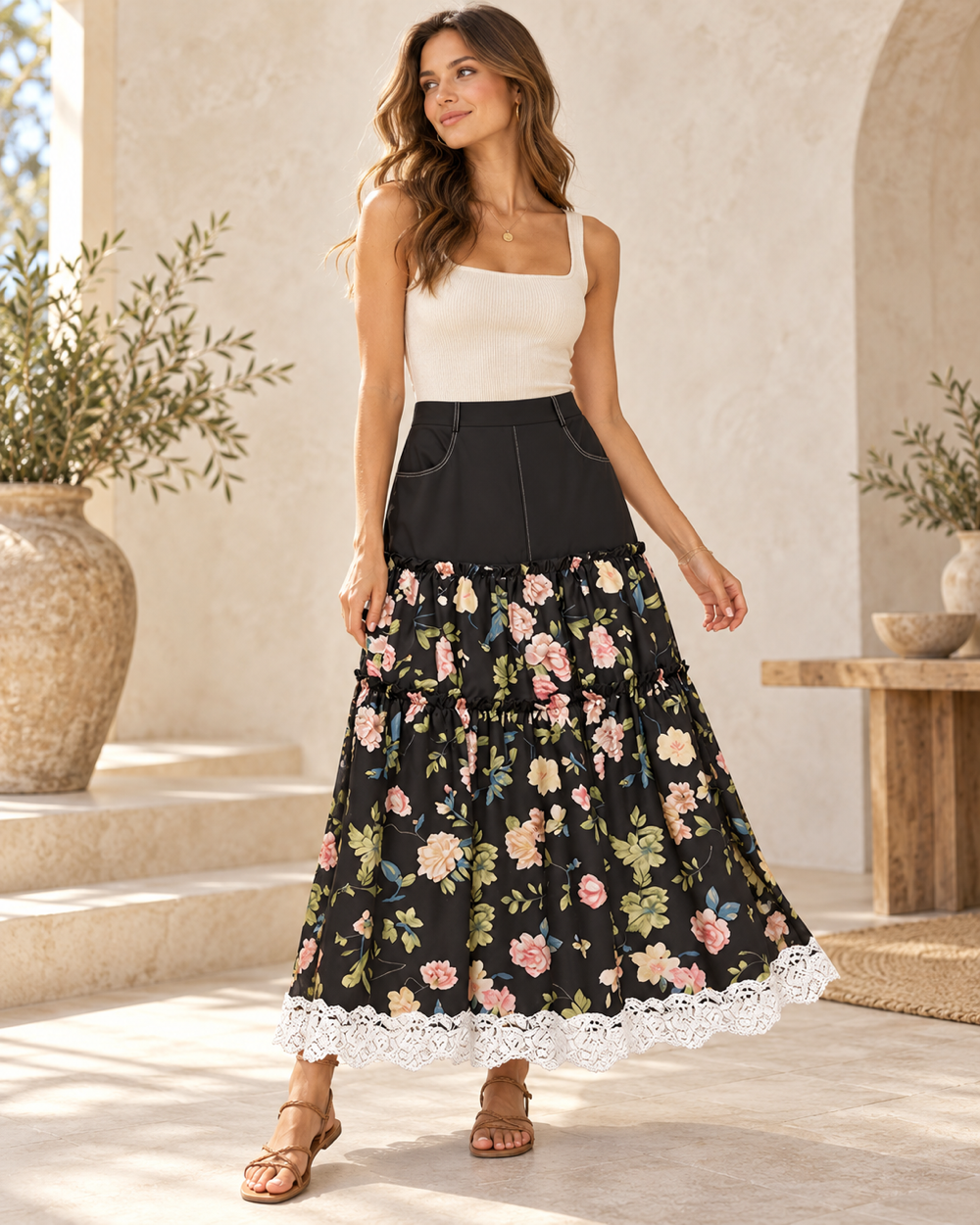 Black Boho Maxi Skirt, full-length hero view