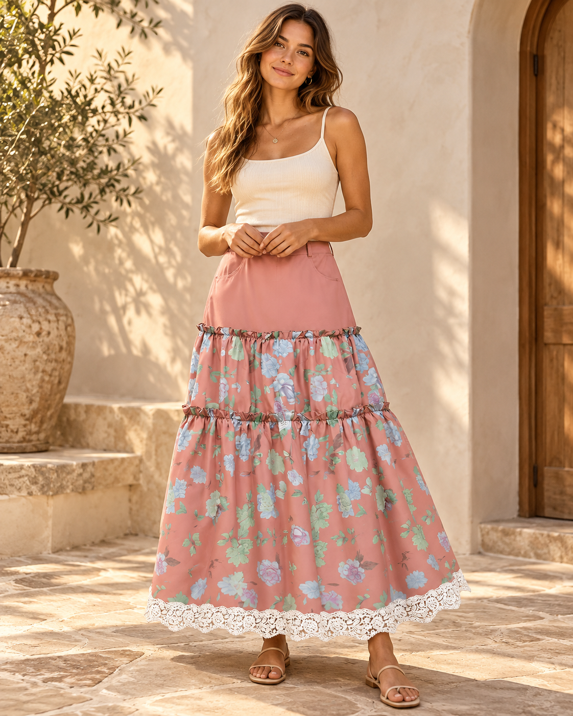 Black Boho Maxi Skirt - Pink variant, full-length hero view
