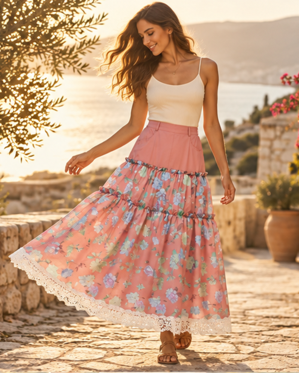 Black Boho Maxi Skirt - Pink variant, bohemian movement view in golden-hour light