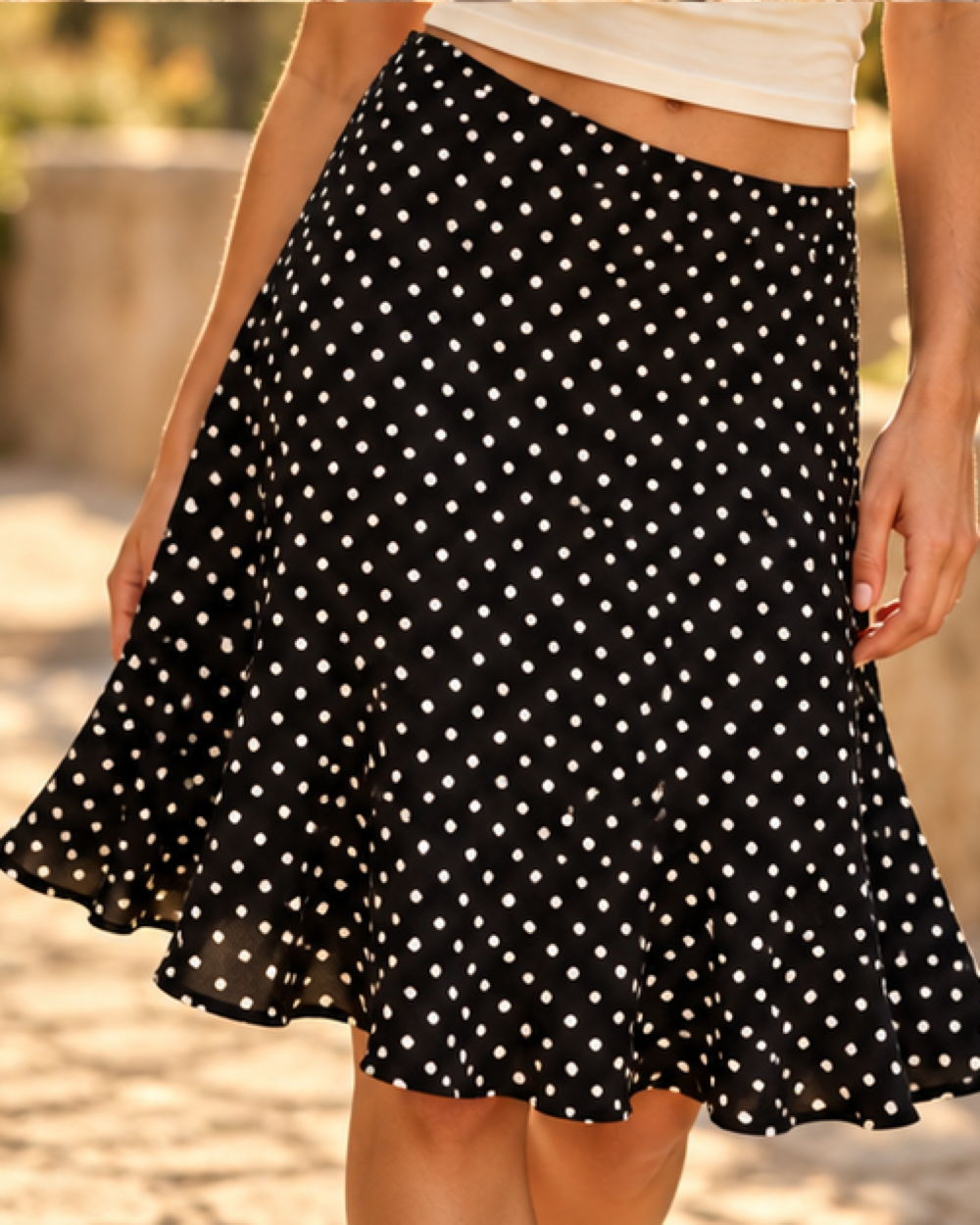 Black Boho Midi Skirt, close-up of fabric and garment details