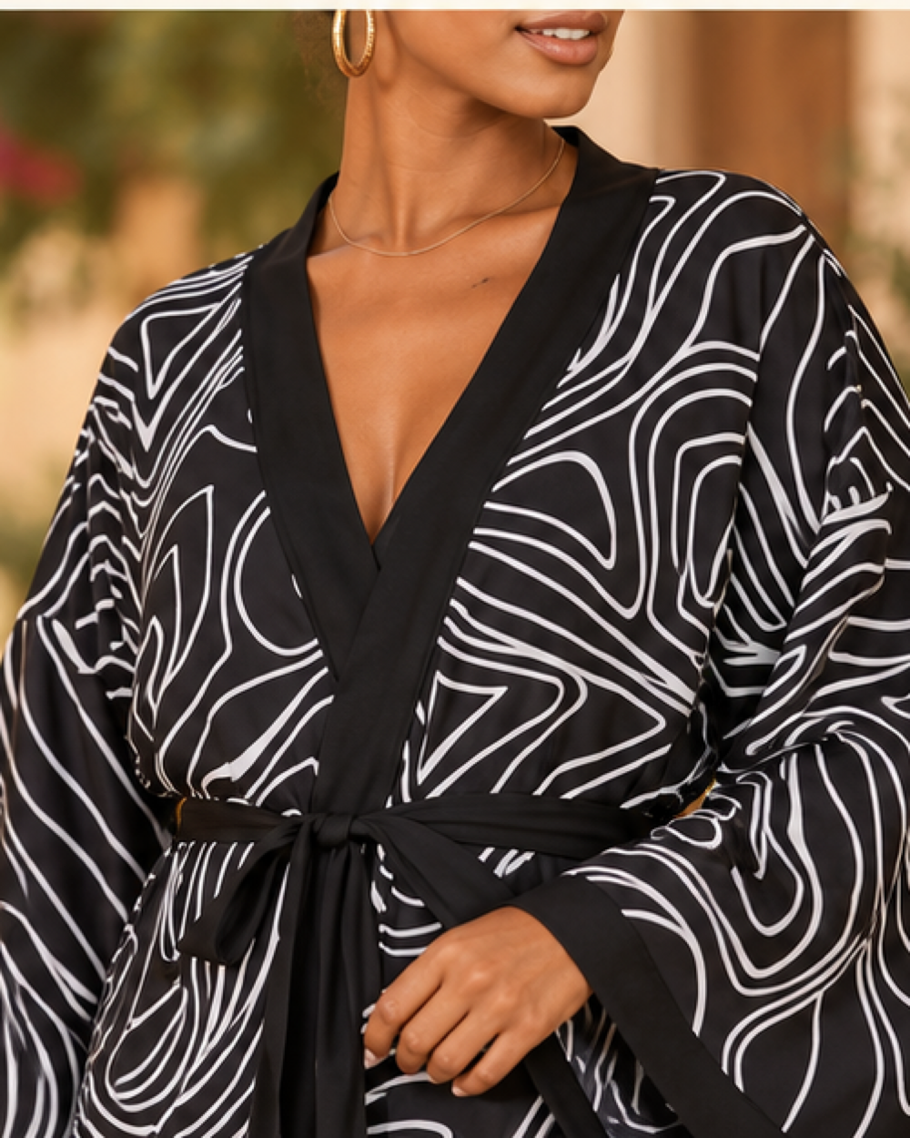 Black Duster Kimono, close-up of fabric and garment details