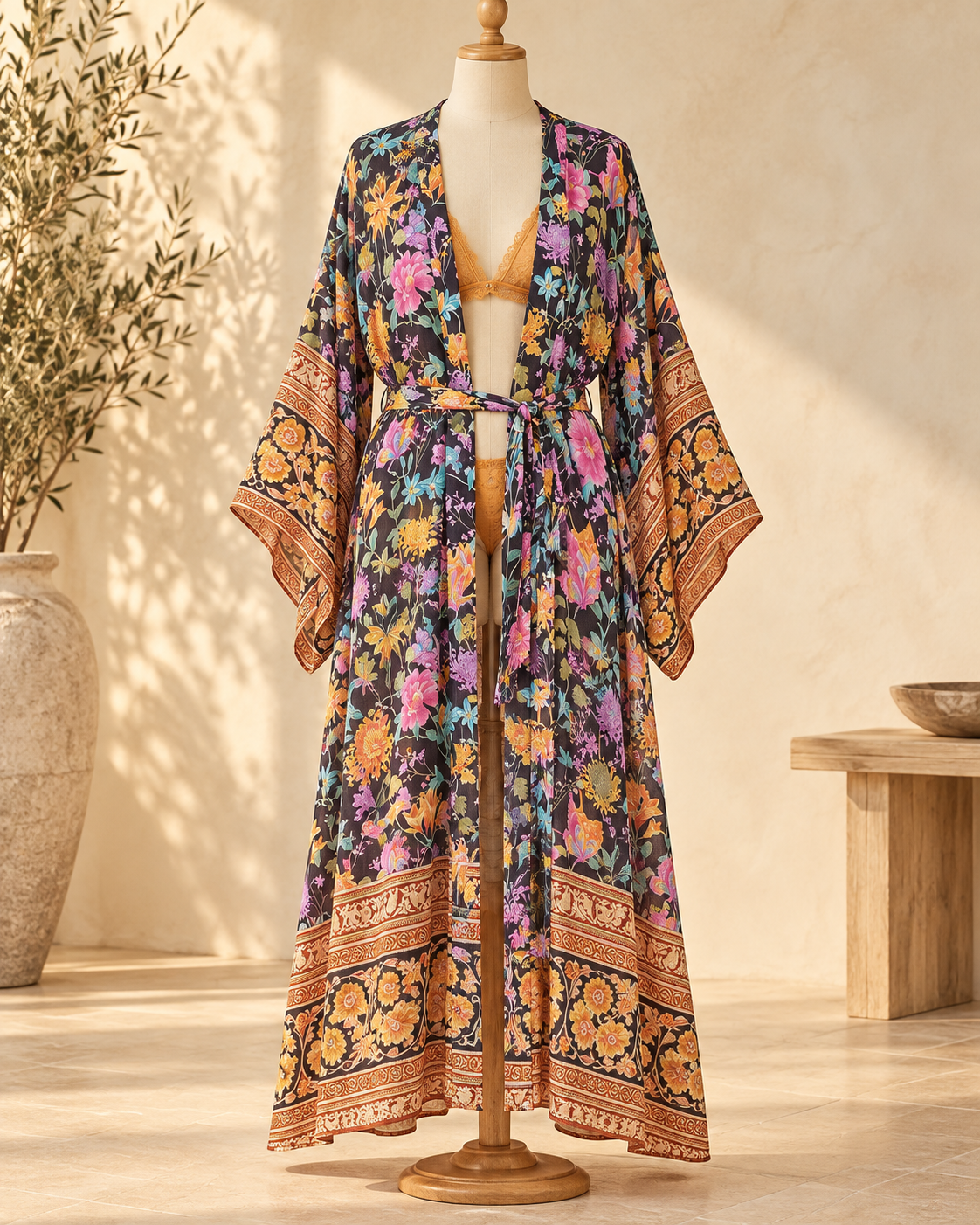 Black Floral Kimono, full-length hero view