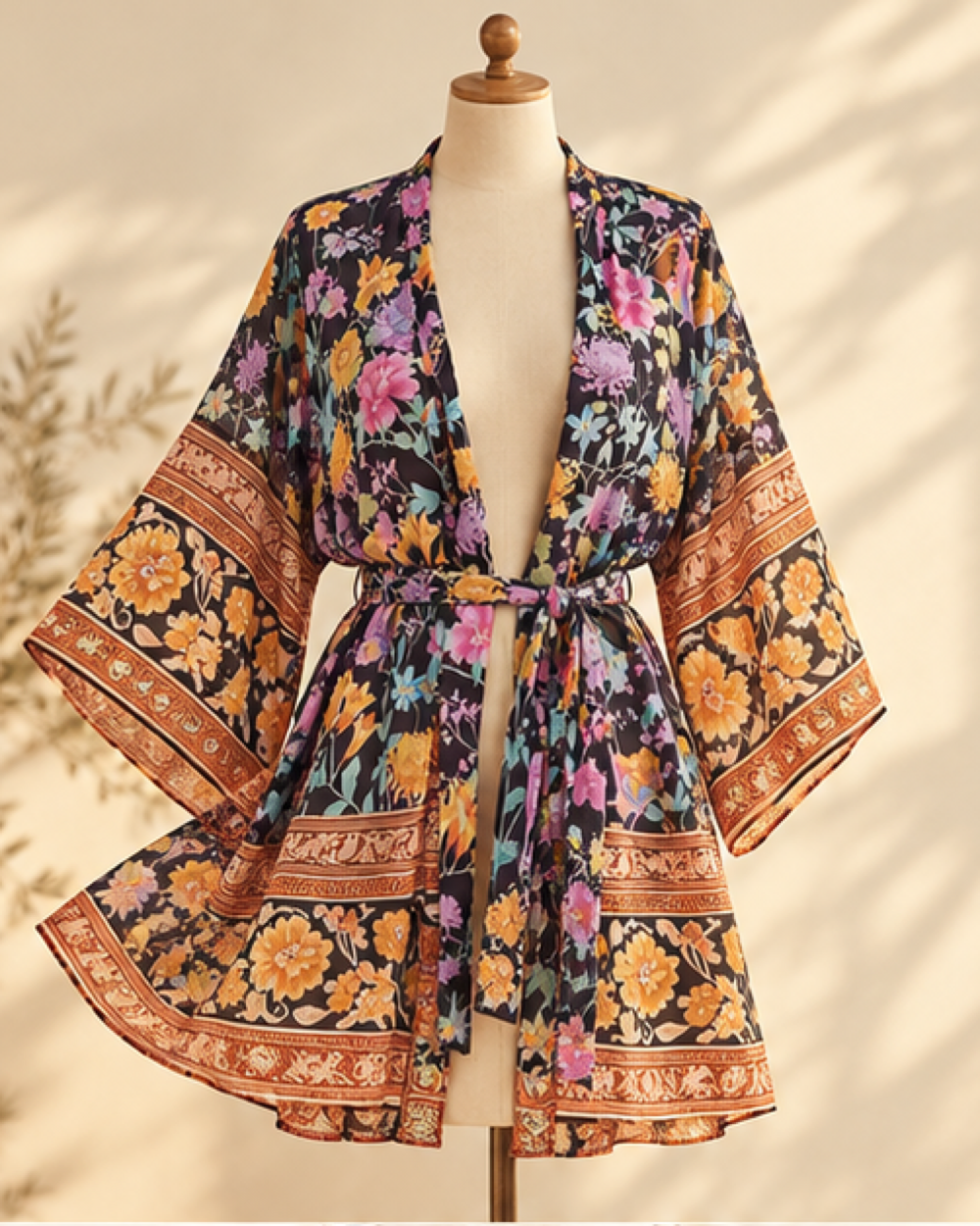 Black Floral Kimono, bohemian movement view in golden-hour light