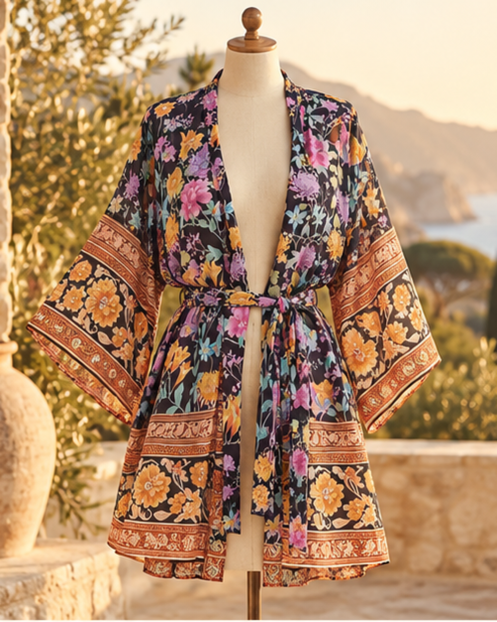 Black Floral Kimono, styled in a warm Mediterranean setting