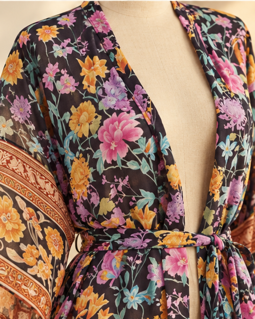 Black Floral Kimono, close-up of fabric and garment details