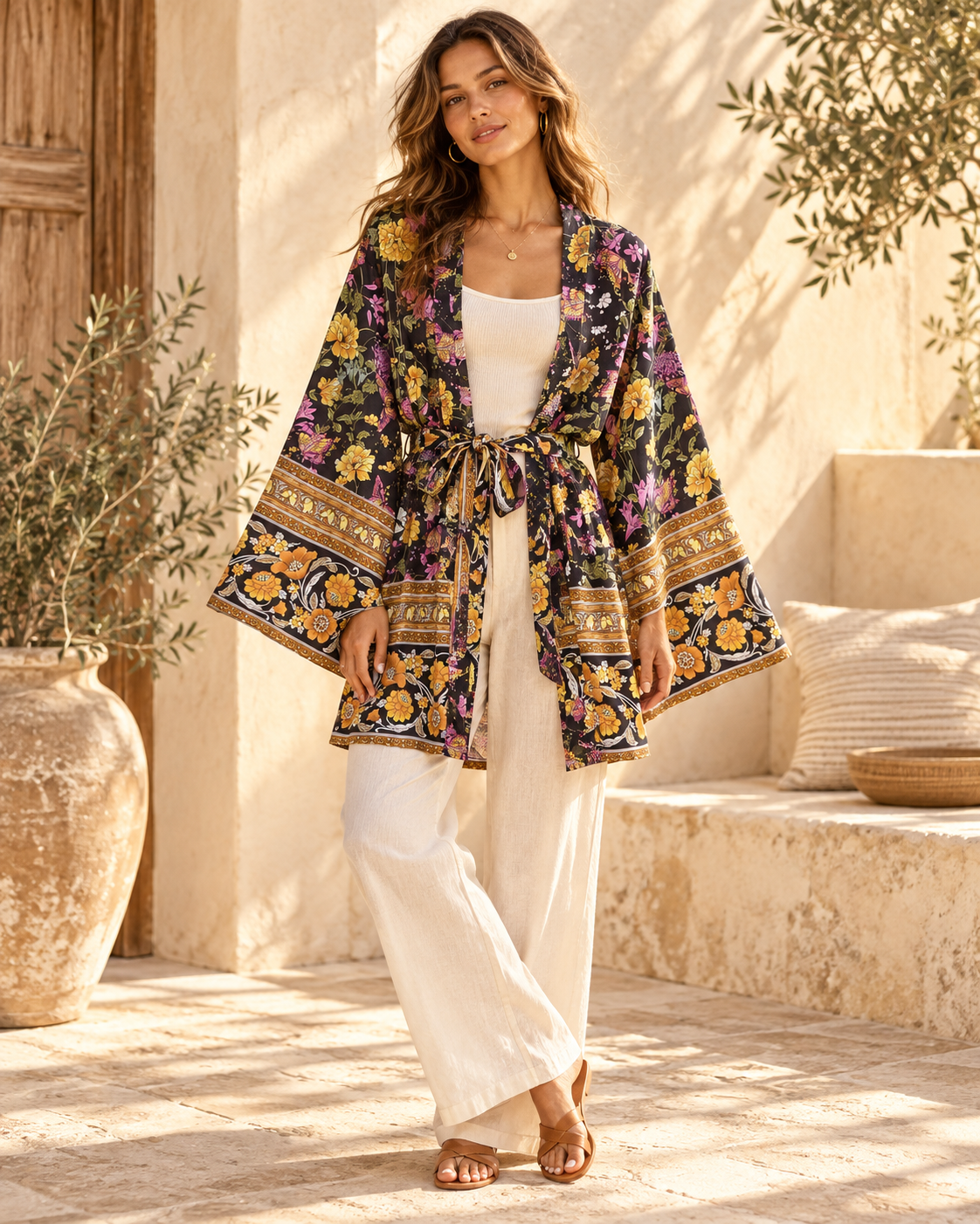 Black Floral Kimono, full-length hero view