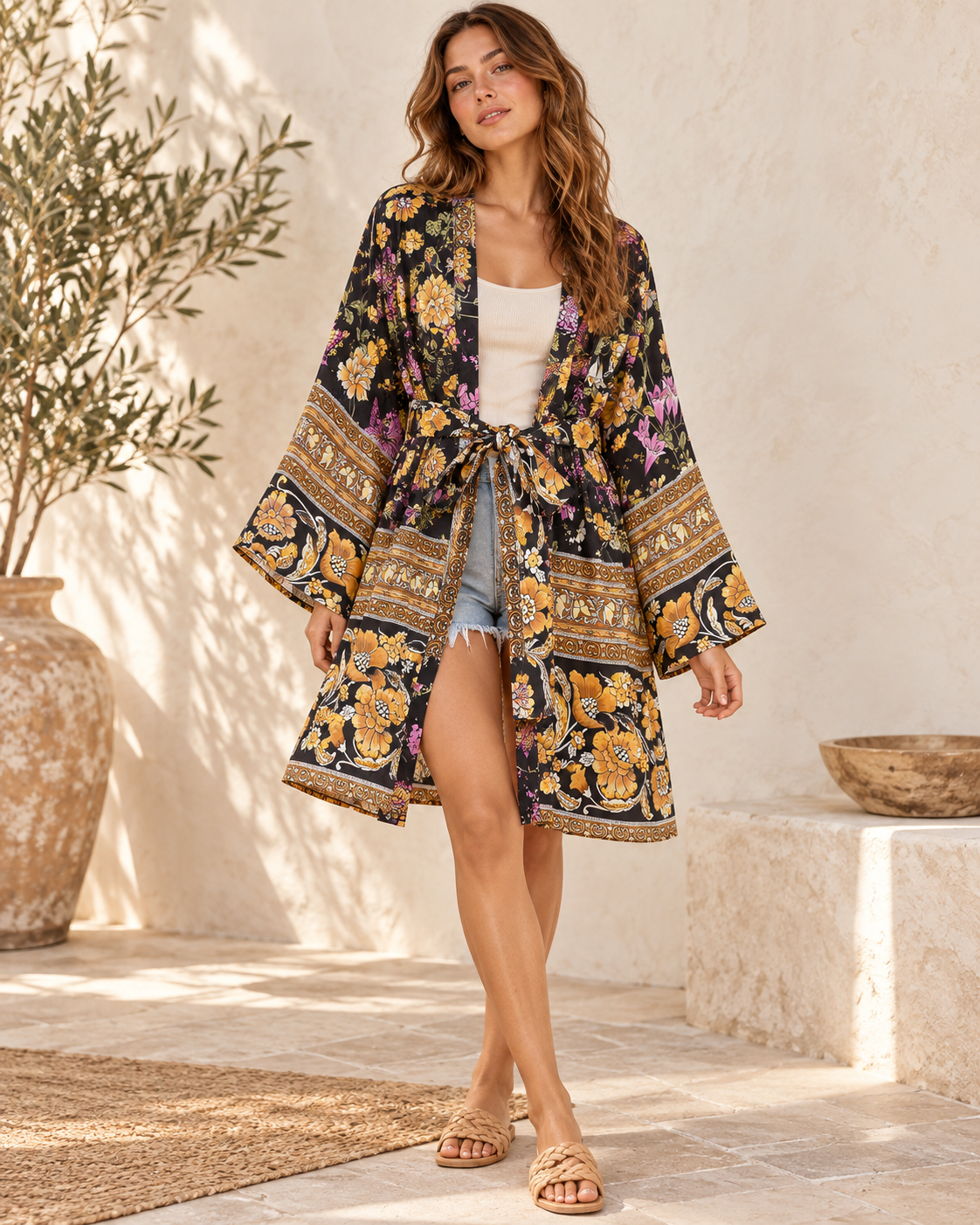 Black Floral Kimono, full-length hero view