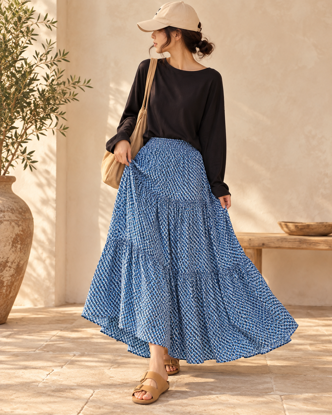Blue Boho Maxi Skirt, full-length hero view