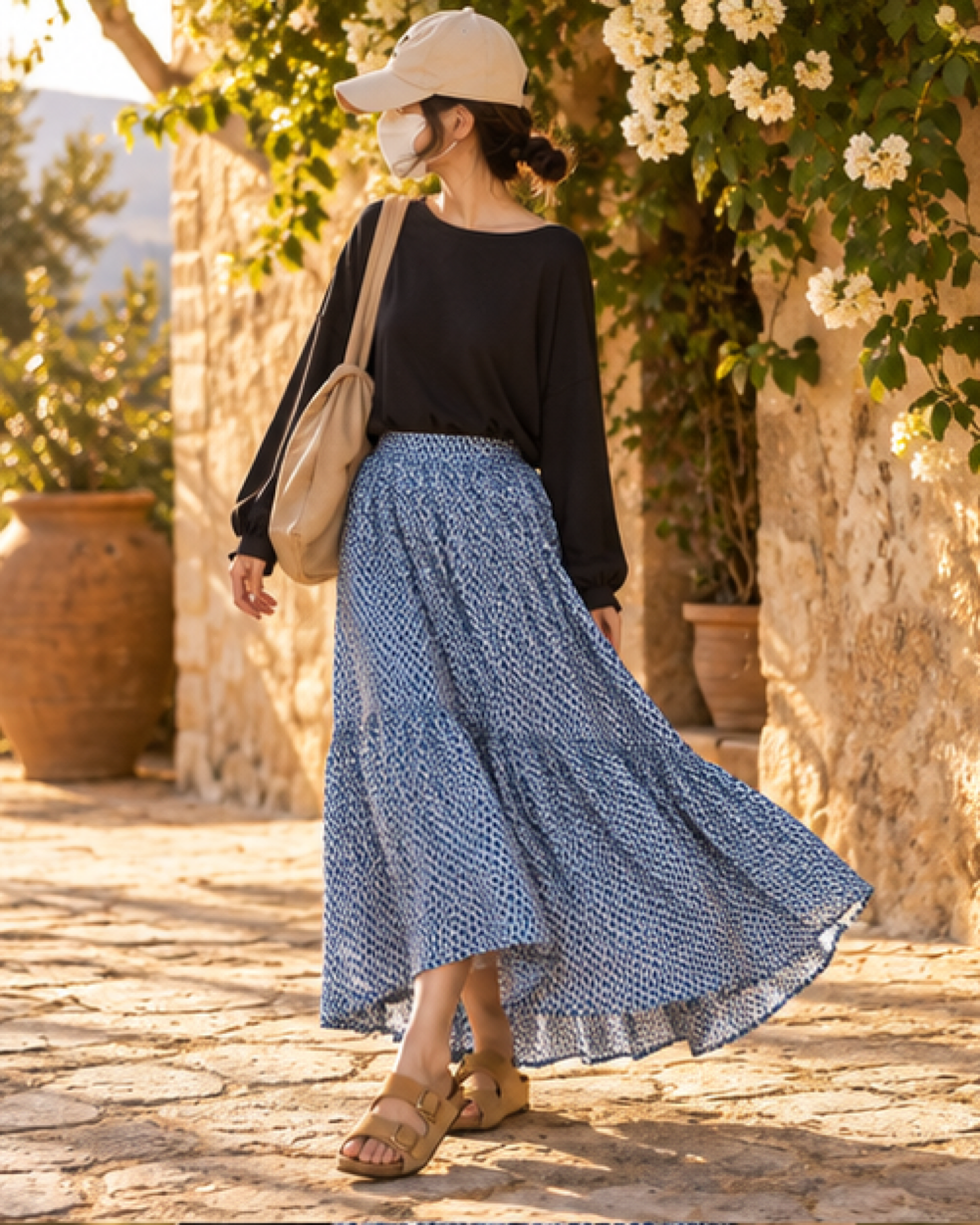 Blue Boho Maxi Skirt, bohemian movement view in golden-hour light