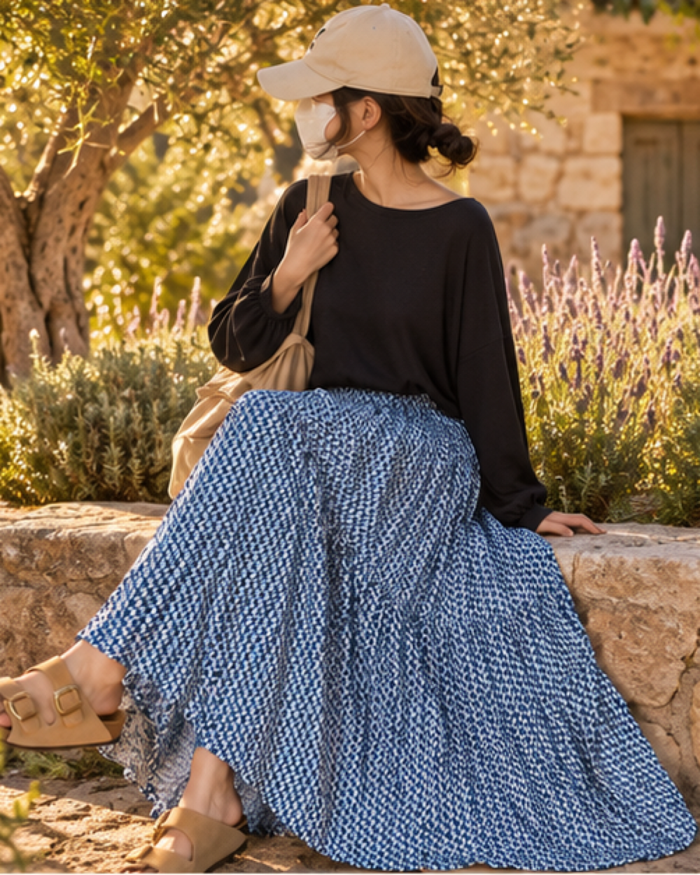Blue Boho Maxi Skirt, styled in a warm Mediterranean setting