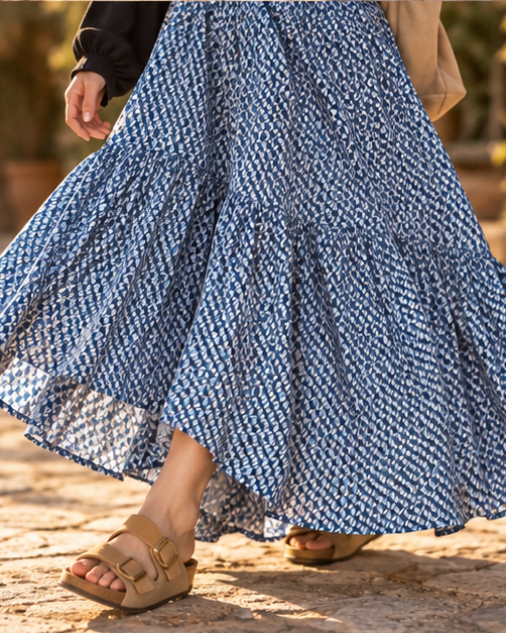 Blue Boho Maxi Skirt, close-up of fabric and garment details