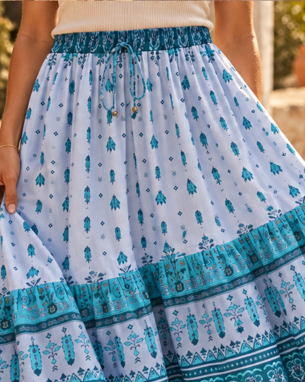 Blue Boho Skirt, close-up of fabric and garment details
