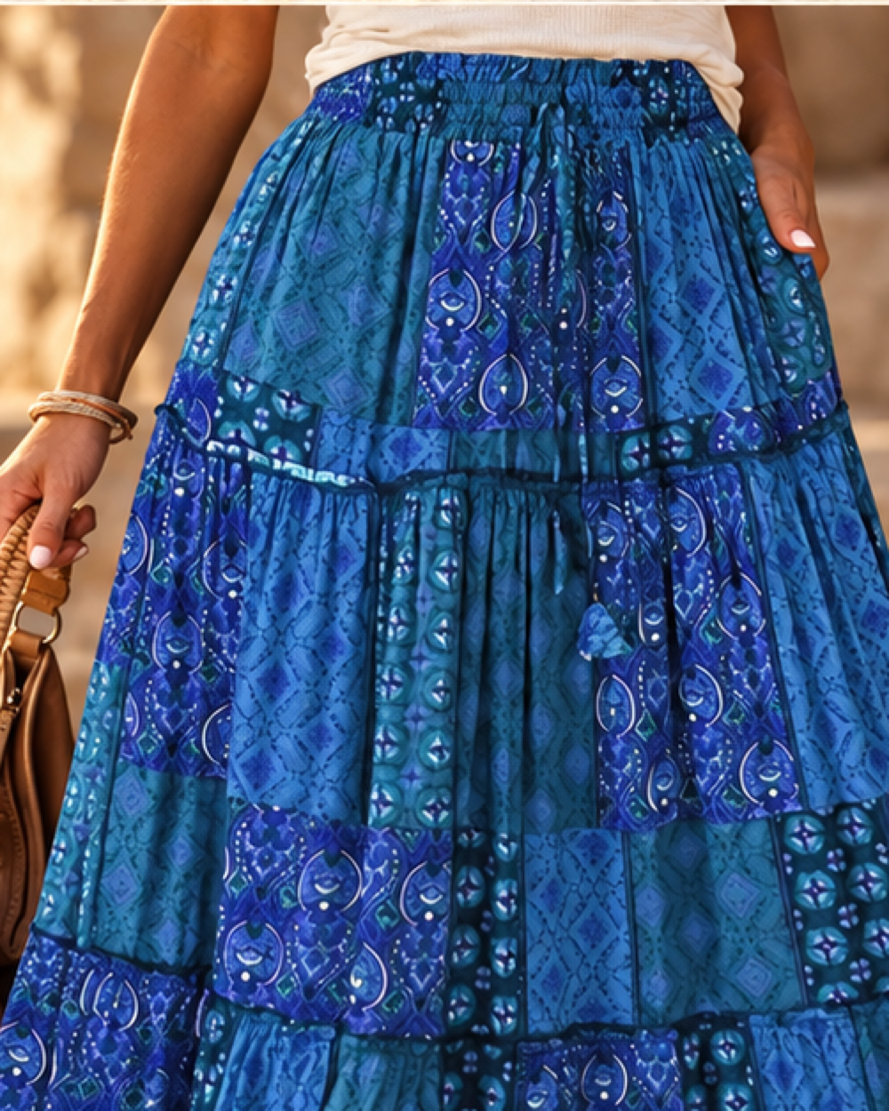 Boho Cotton Maxi Skirt, close-up of fabric and garment details