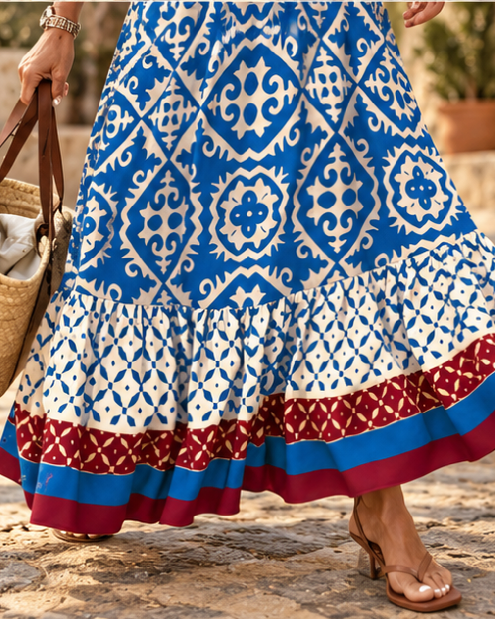 Retro Print Ruffled Tier Boho Skirt - Blue variant, close-up of fabric and garment details