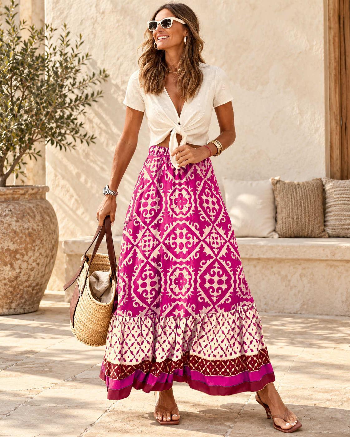 Retro Print Ruffled Tier Boho Skirt - Pink variant, full-length hero view
