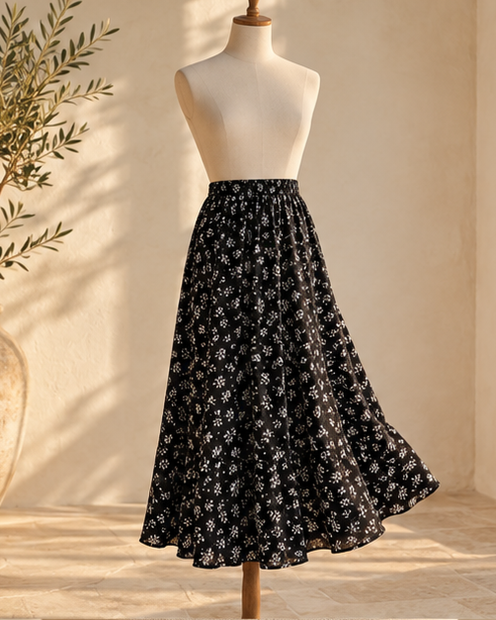 Boho Fall Skirt - Black variant, bohemian movement view in golden-hour light