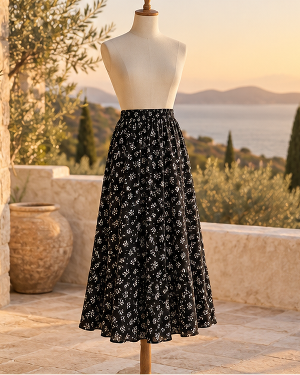 Boho Fall Skirt - Black variant, styled in a warm Mediterranean setting