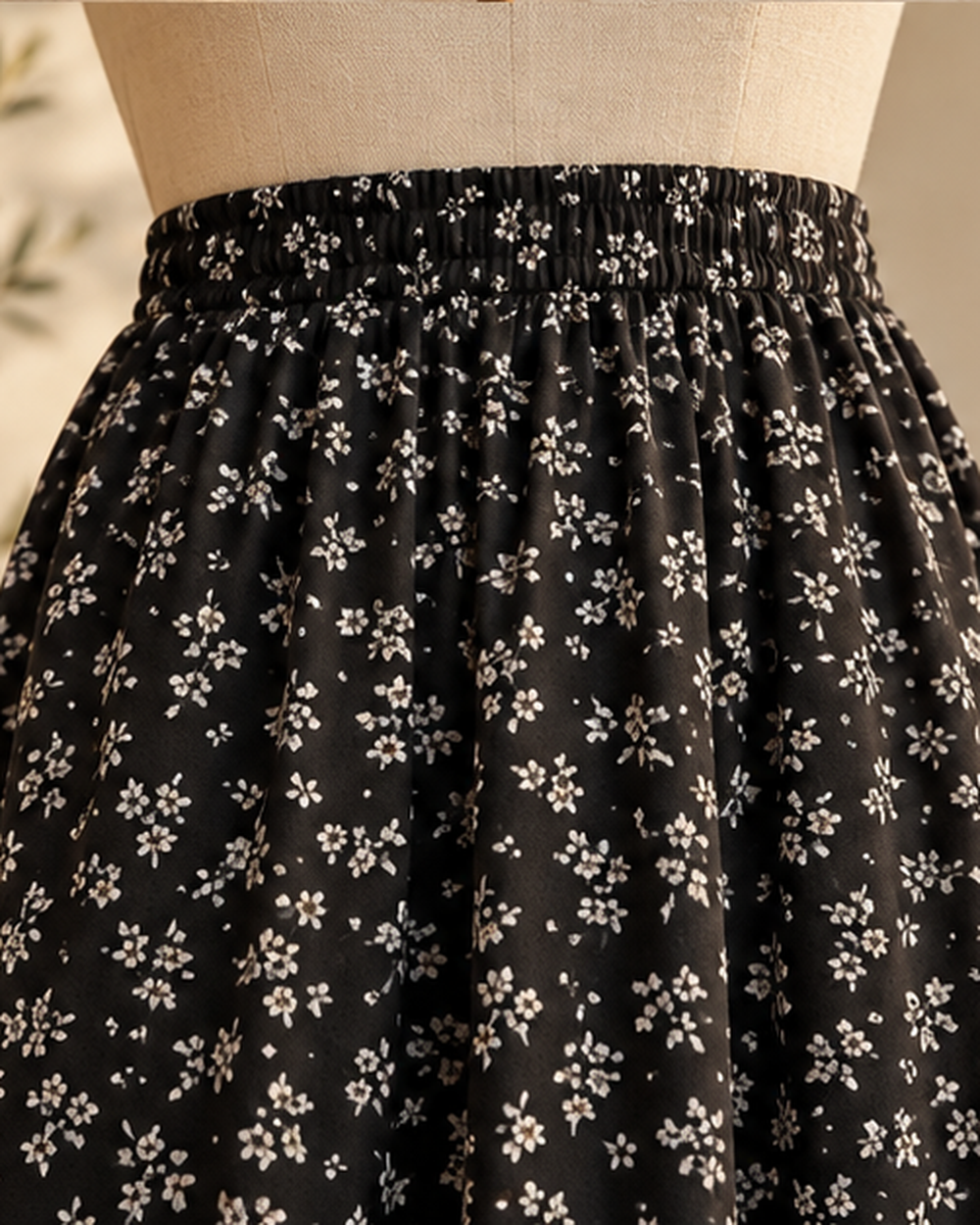 Boho Fall Skirt - Black variant, close-up of fabric and garment details