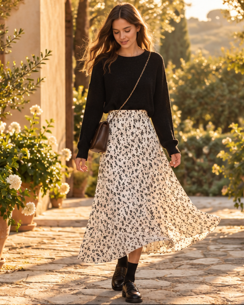 Boho Fall Skirt - White variant, bohemian movement view in golden-hour light