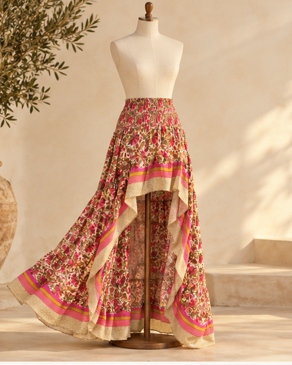 Boho Floral Print Maxi Skirt, bohemian movement view in golden-hour light
