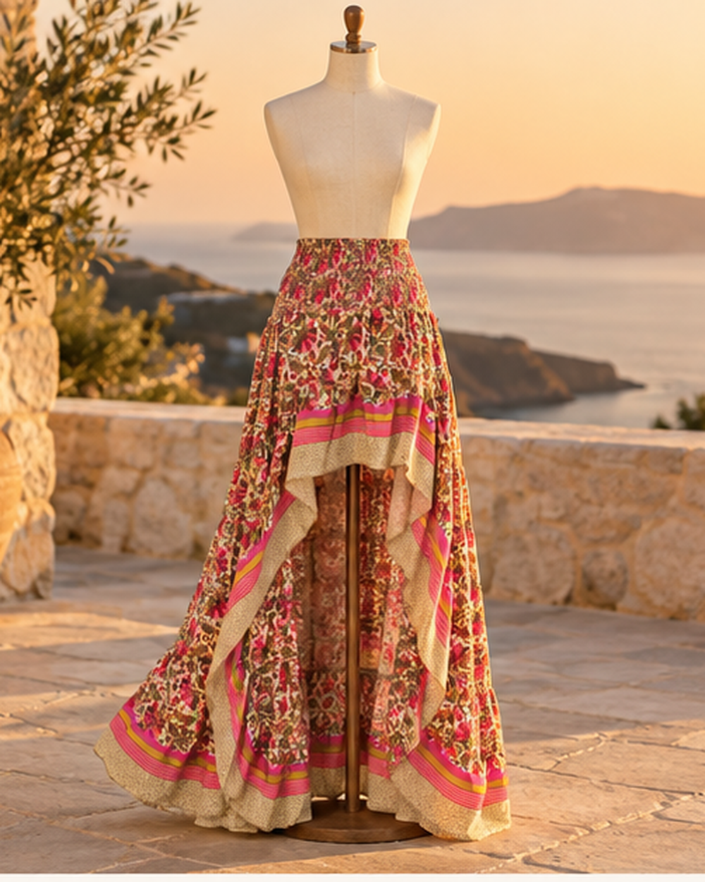 Boho Floral Print Maxi Skirt, styled in a warm Mediterranean setting