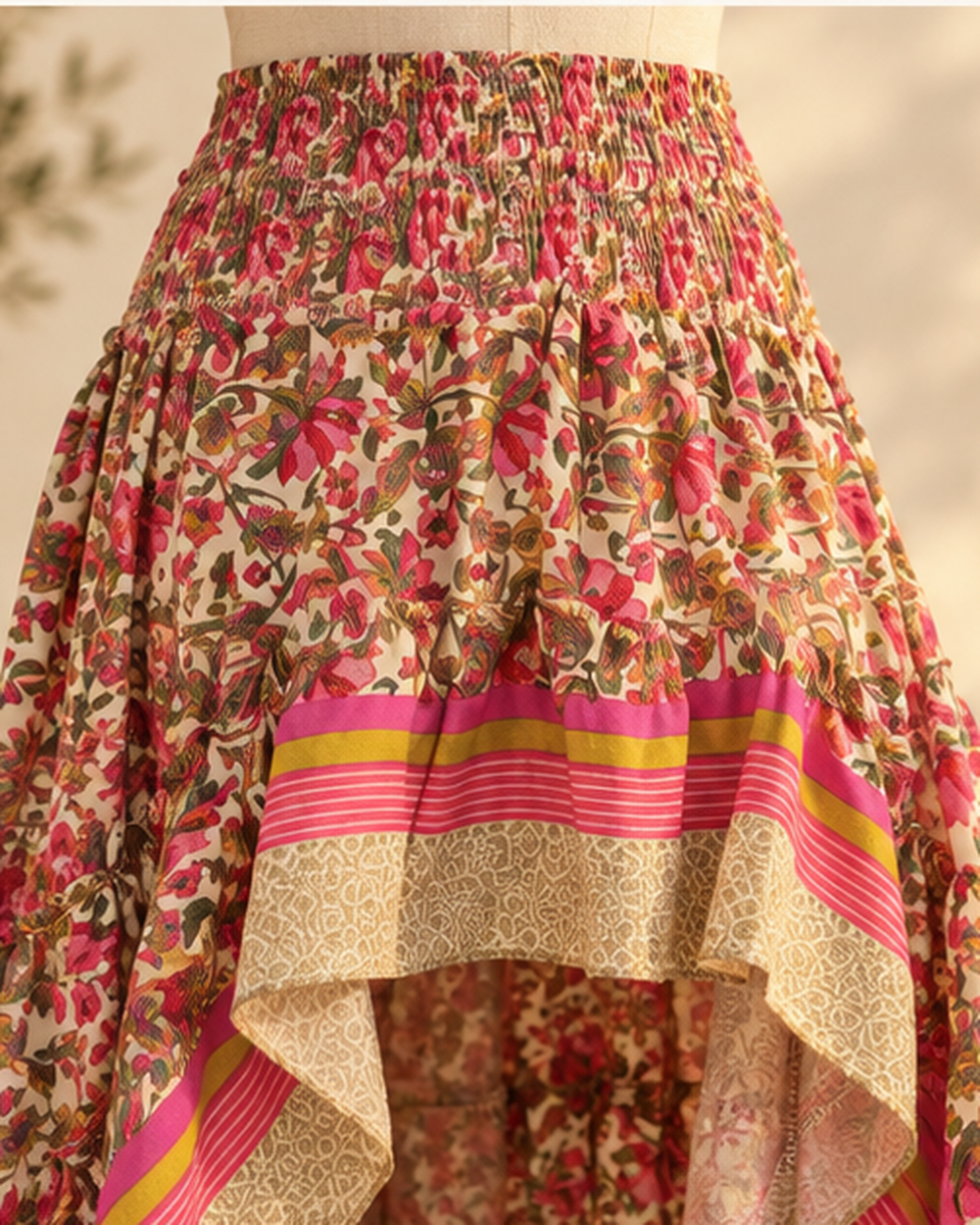 Boho Floral Print Maxi Skirt, close-up of fabric and garment details
