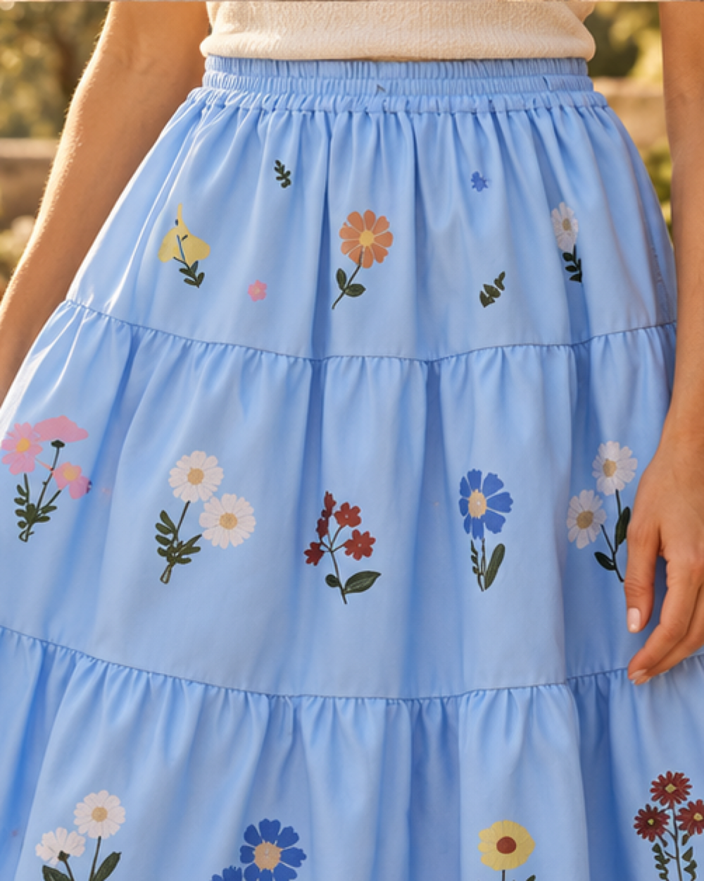Boho Floral Skirt - Blue variant, close-up of fabric and garment details