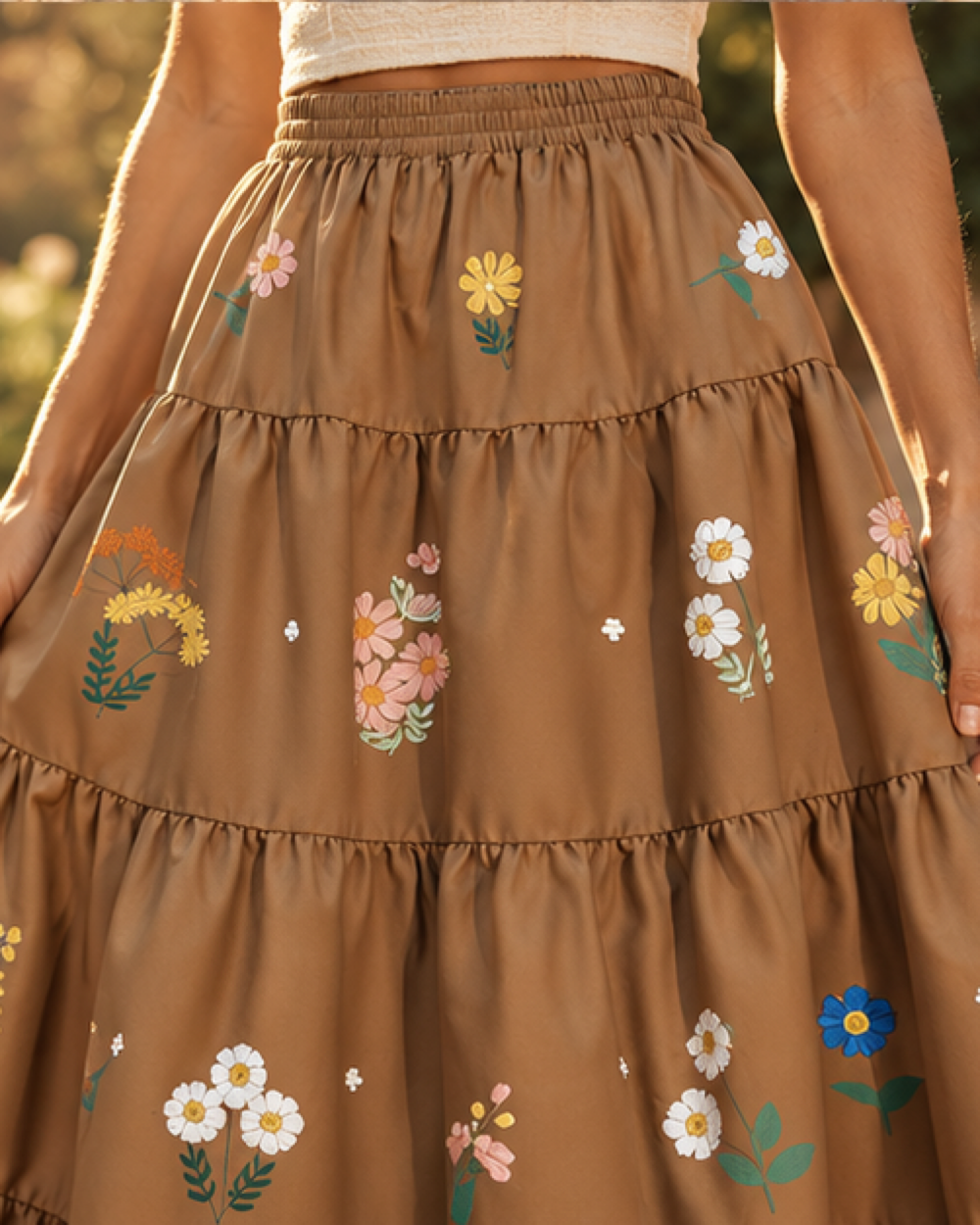 Boho Floral Skirt - Brown variant, close-up of fabric and garment details