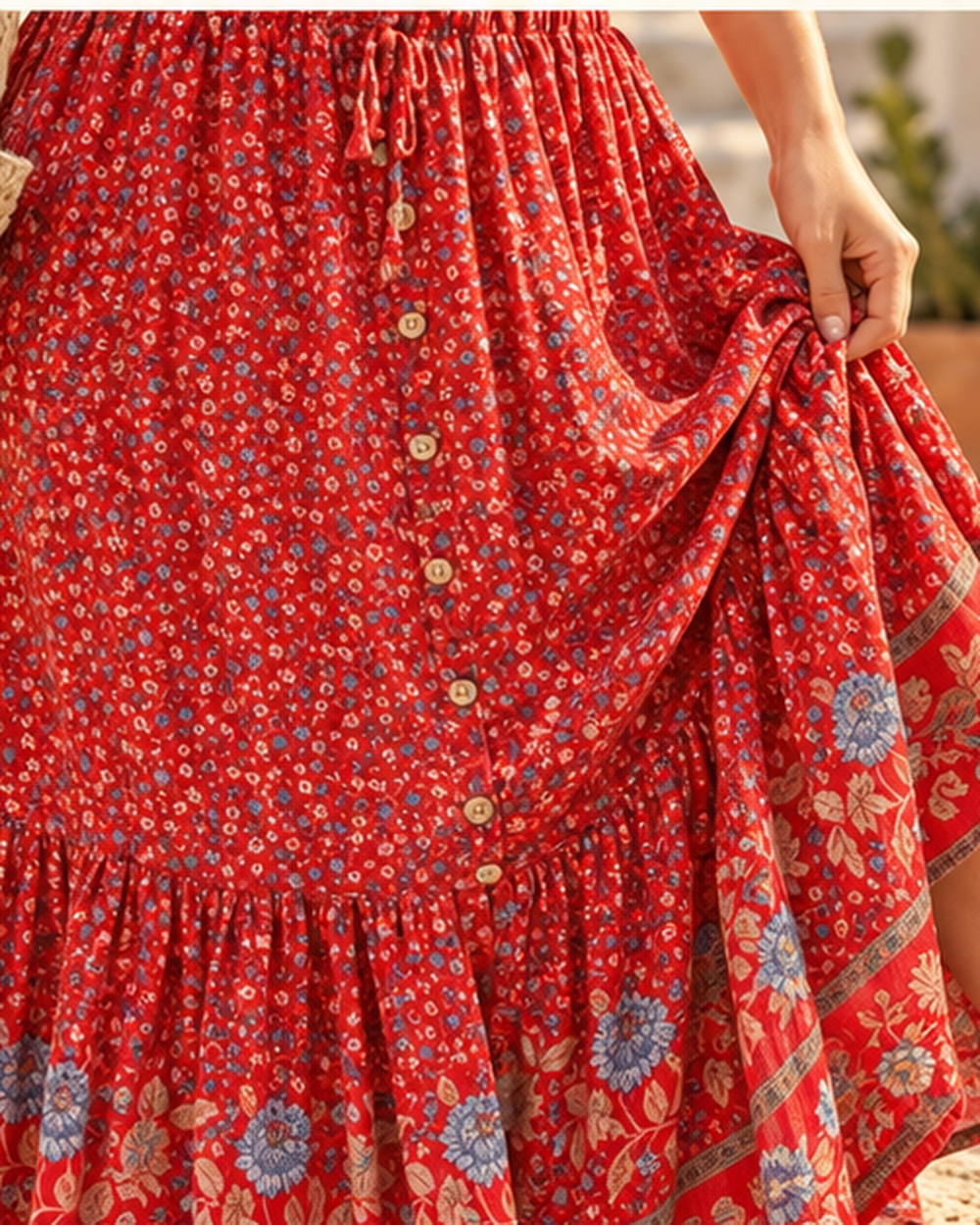 Boho Gauze Maxi Skirt, close-up of fabric and garment details