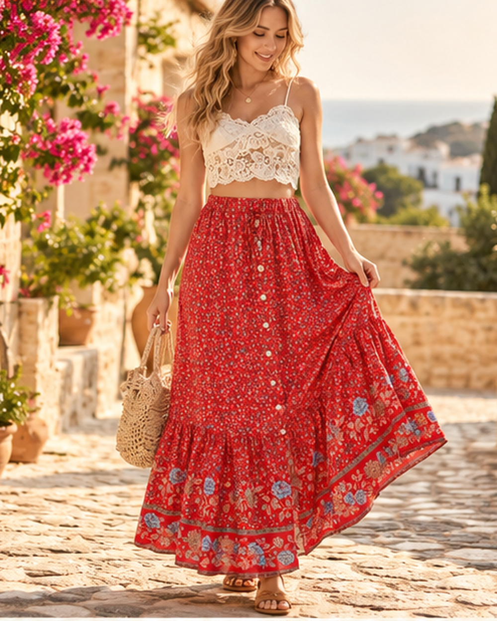 Boho Gauze Maxi Skirt, bohemian movement view in golden-hour light