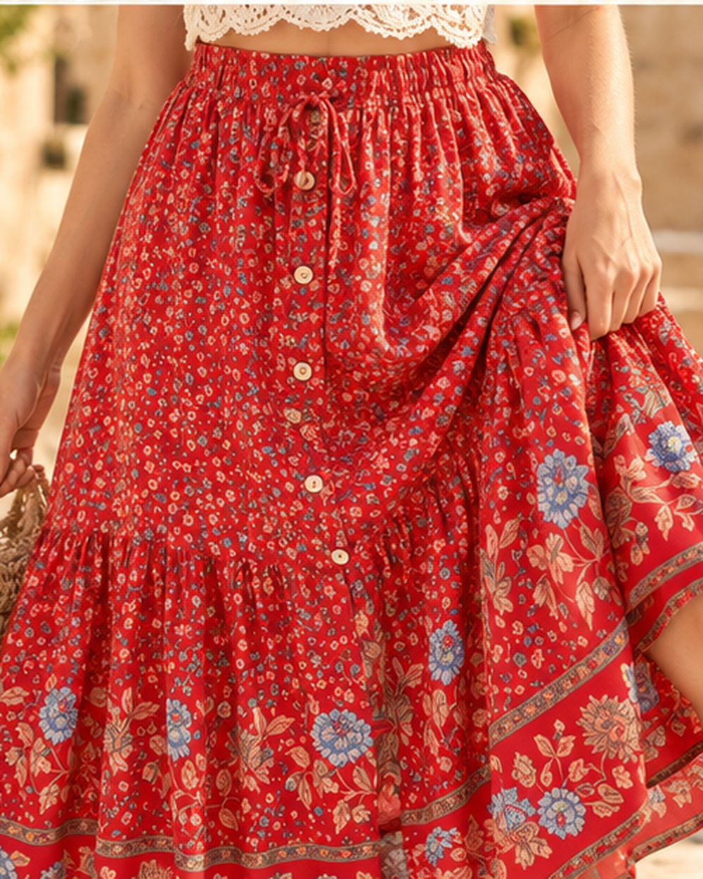 Boho Gauze Maxi Skirt, close-up of fabric and garment details