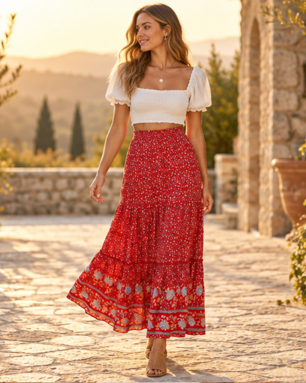 Boho Gauze Skirt, bohemian movement view in golden-hour light