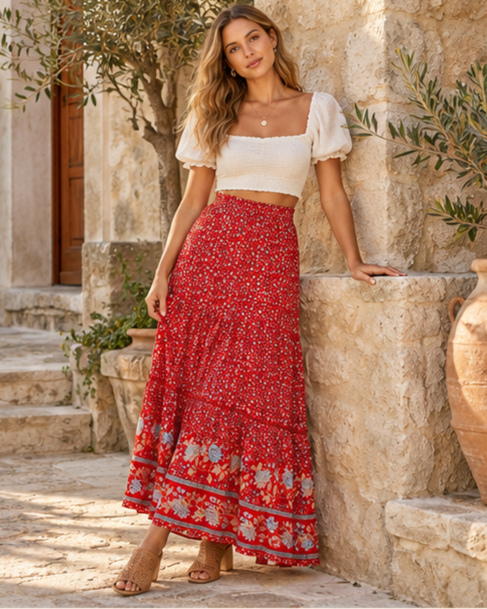 Boho Gauze Skirt, styled in a warm Mediterranean setting