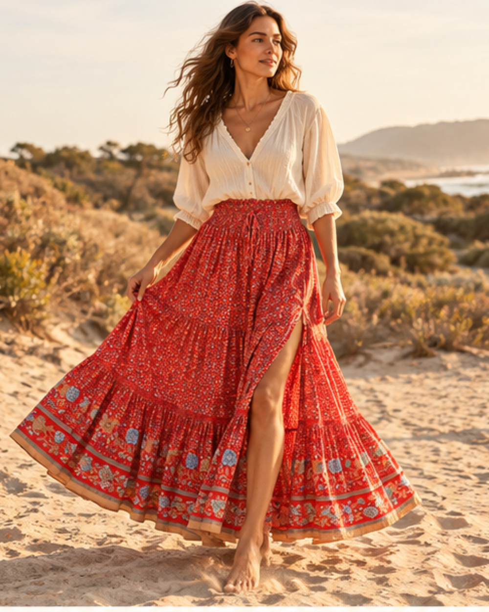 Boho Gauze Skirt, bohemian movement view in golden-hour light